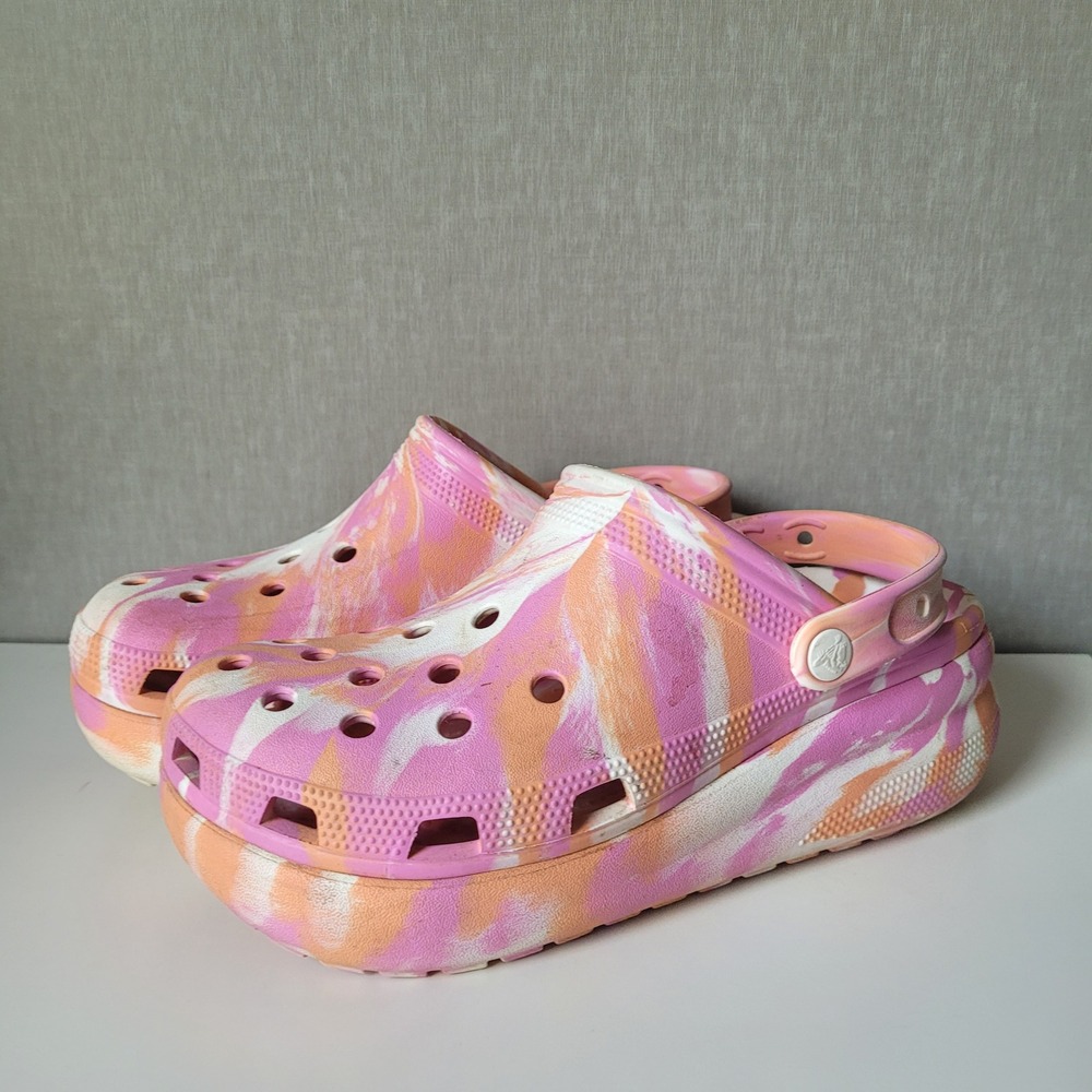 Crocs Classic Platform Clogs Kids Youth Size J6 Pink Orange Marbled Tie Dye